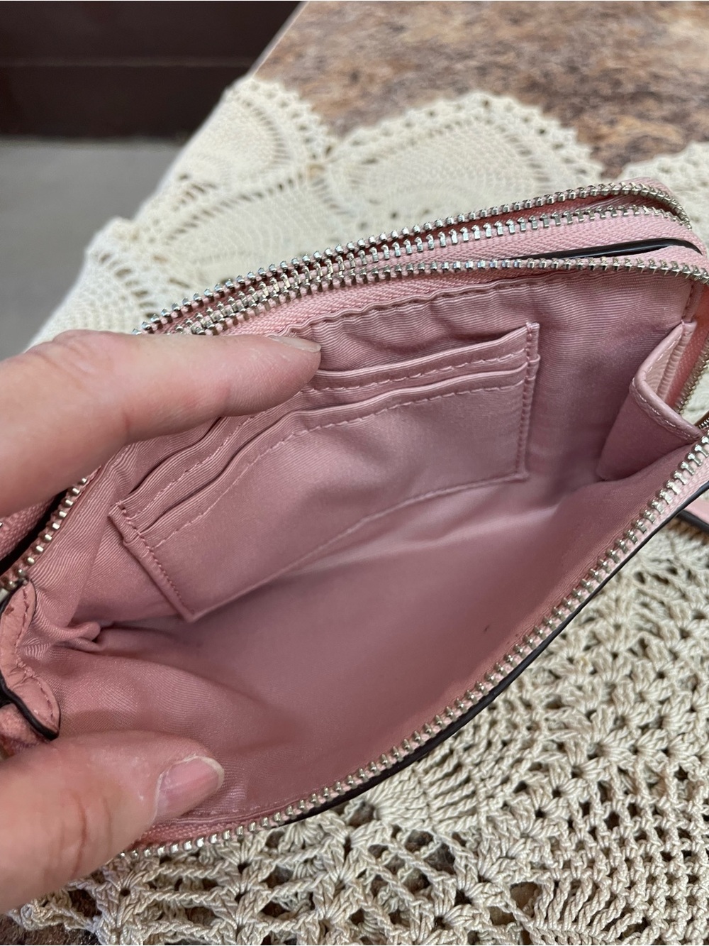 Coach Women's Pebble Leather double Zip Wristlet in pink with silver hardware - Picture 10 of 11
